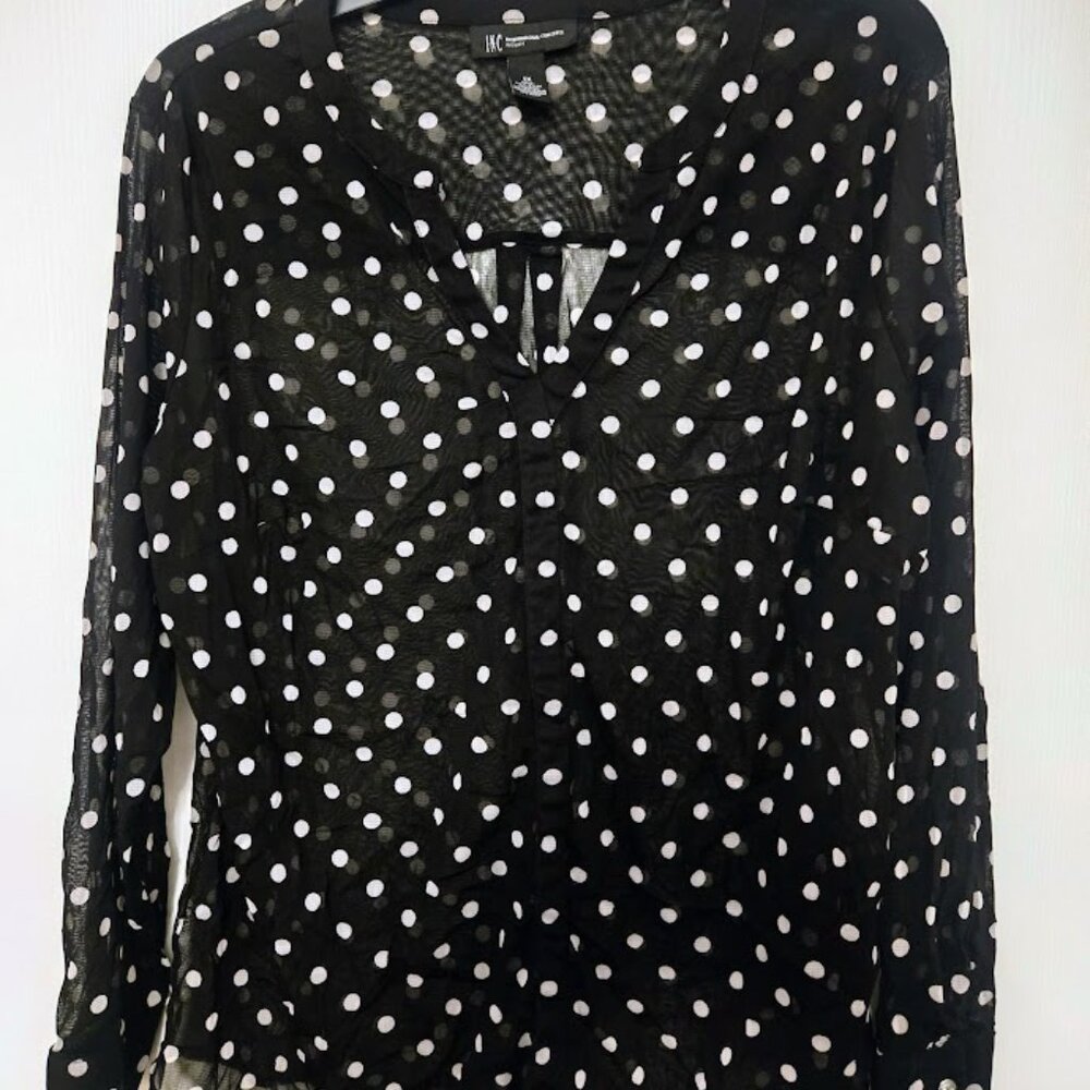 INC International Concepts black and white polka dot sheer L/S blouse‎ 1X